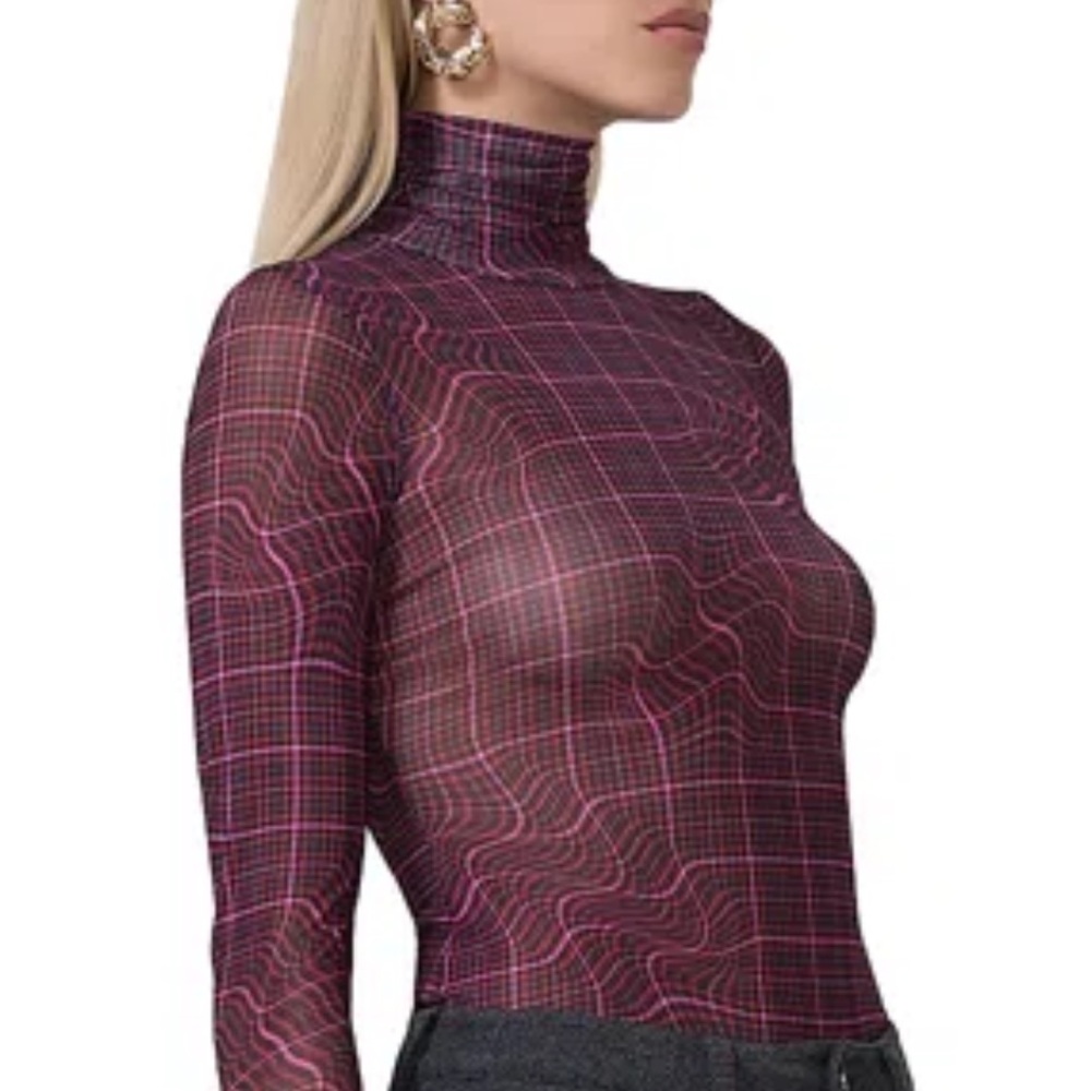 Afrm Zadie Print Turtleneck Mesh Top In Twisted Plaid